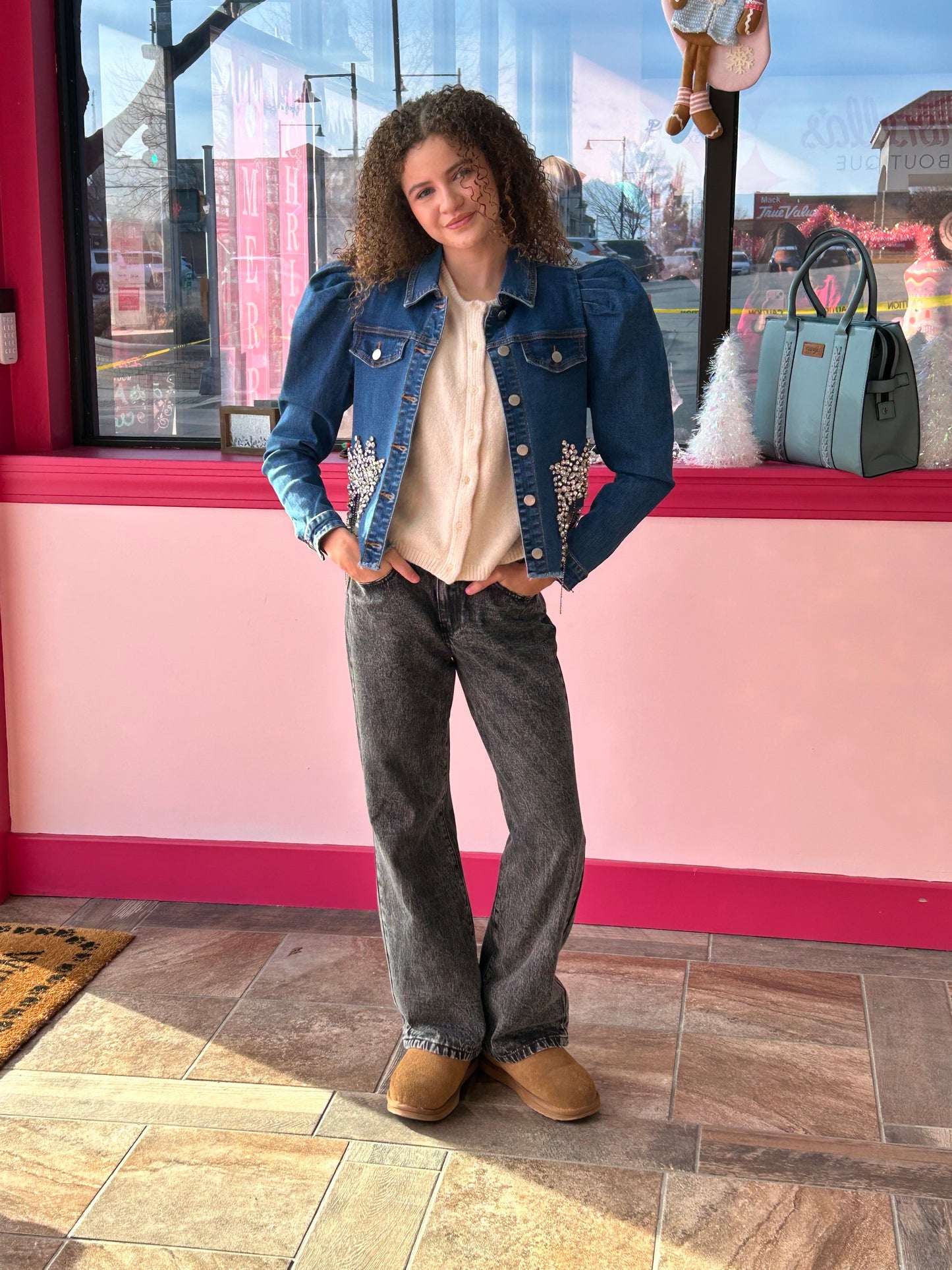 Puff Shoulder Denim Bling Jacket