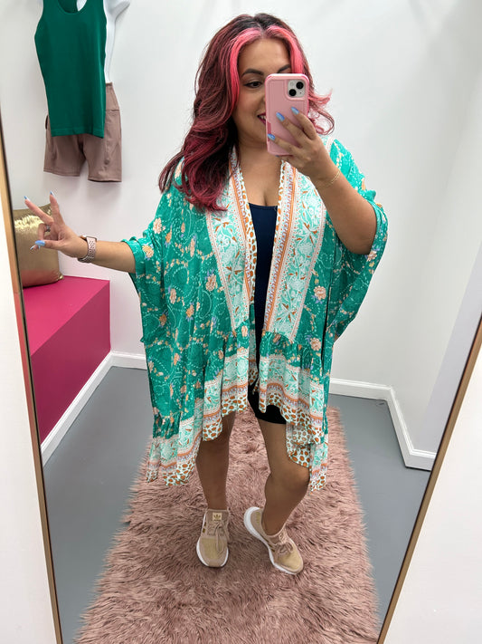 Curvy Turquoise Floral Kimono