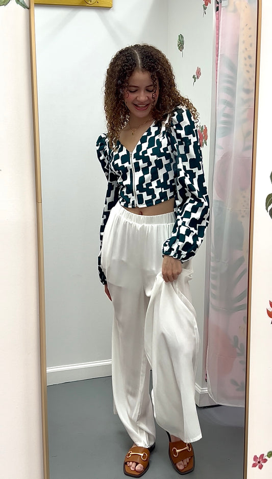Zip Up Puff Sleeve Crop Blouse Teal
