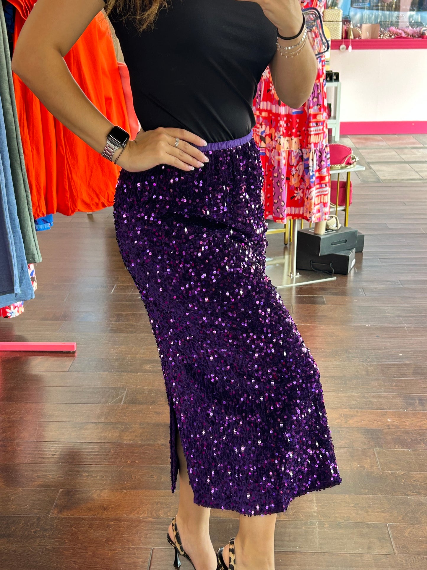 Purple Sequins Midi Pencil Skirt