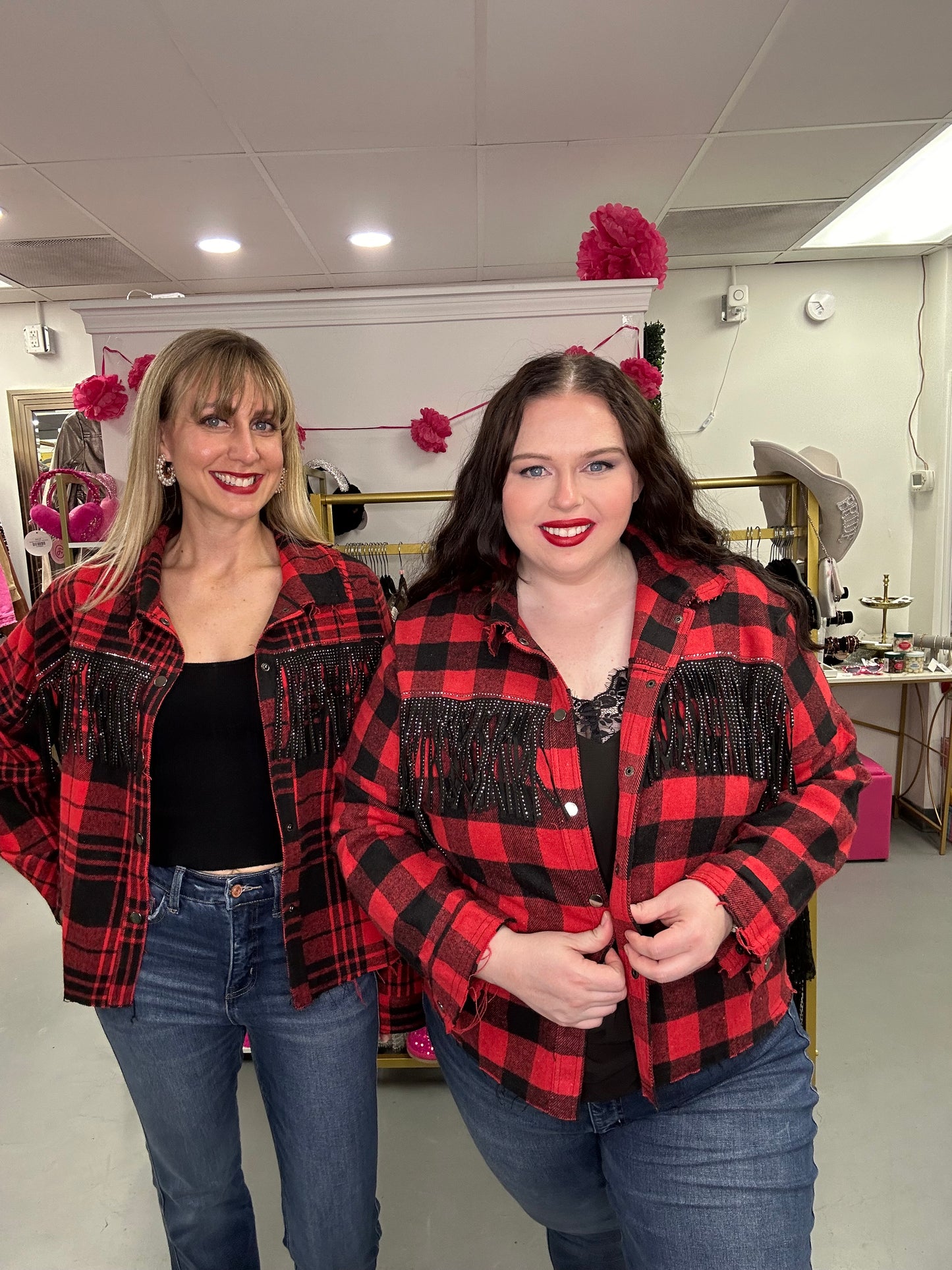 Curvy Bling Fringe Plaid Shacket