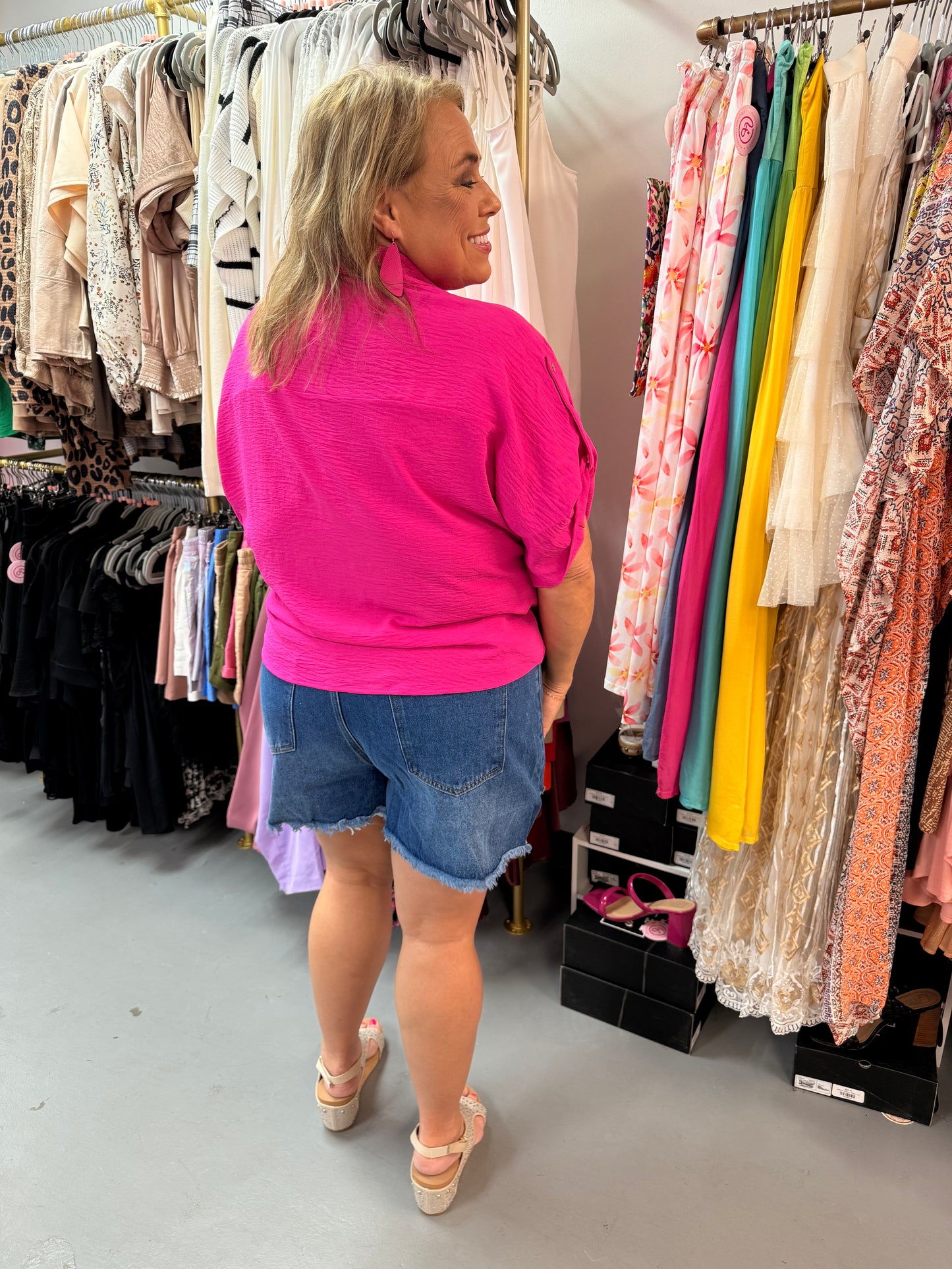 Curvy Button Up Blouse/ Fuchsia