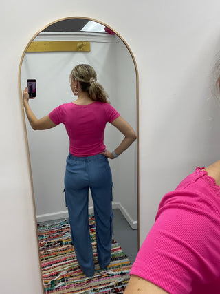 Lace Trim Ribbed Tee Pink
