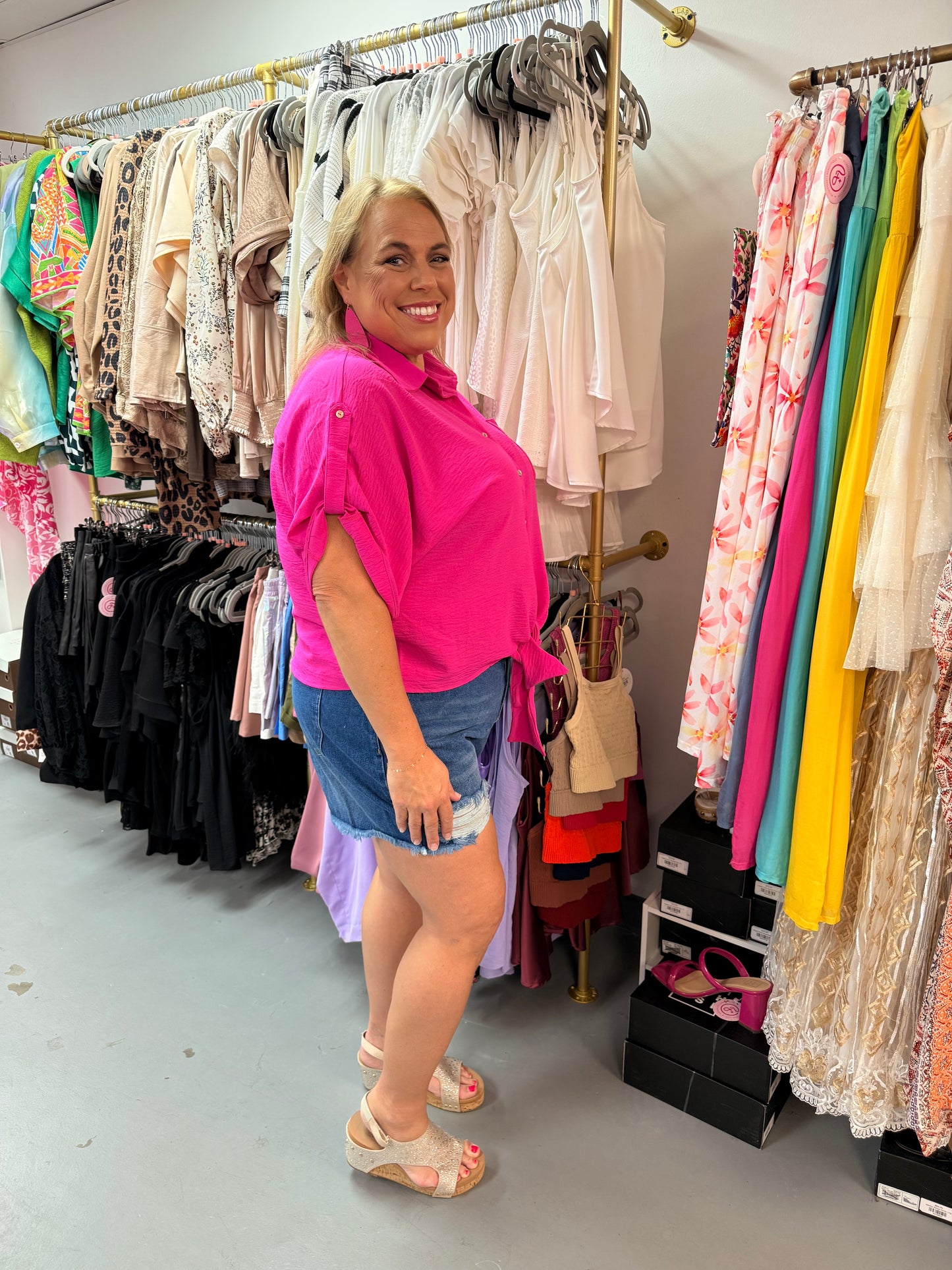 Curvy Button Up Blouse/ Fuchsia