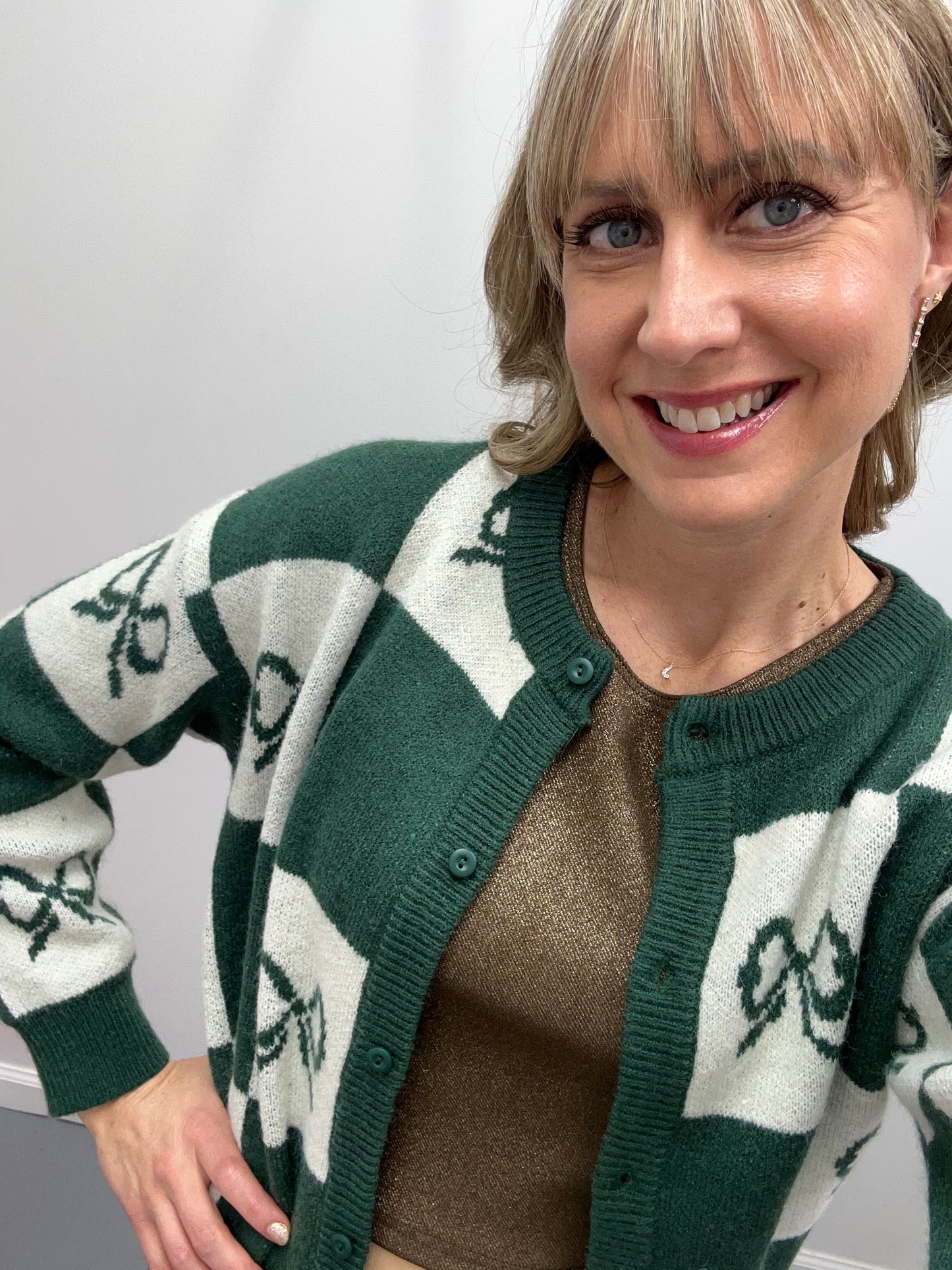 Checkered Bow Cardigan Green