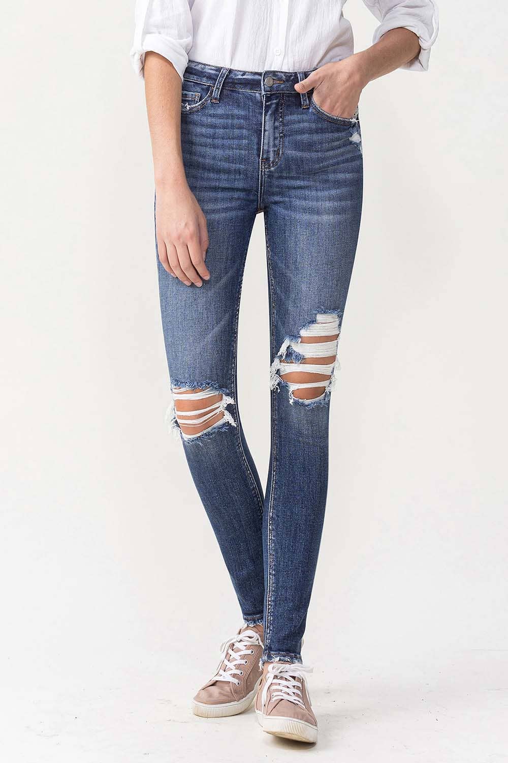 Hi Rise Distressed Skinny Jeans