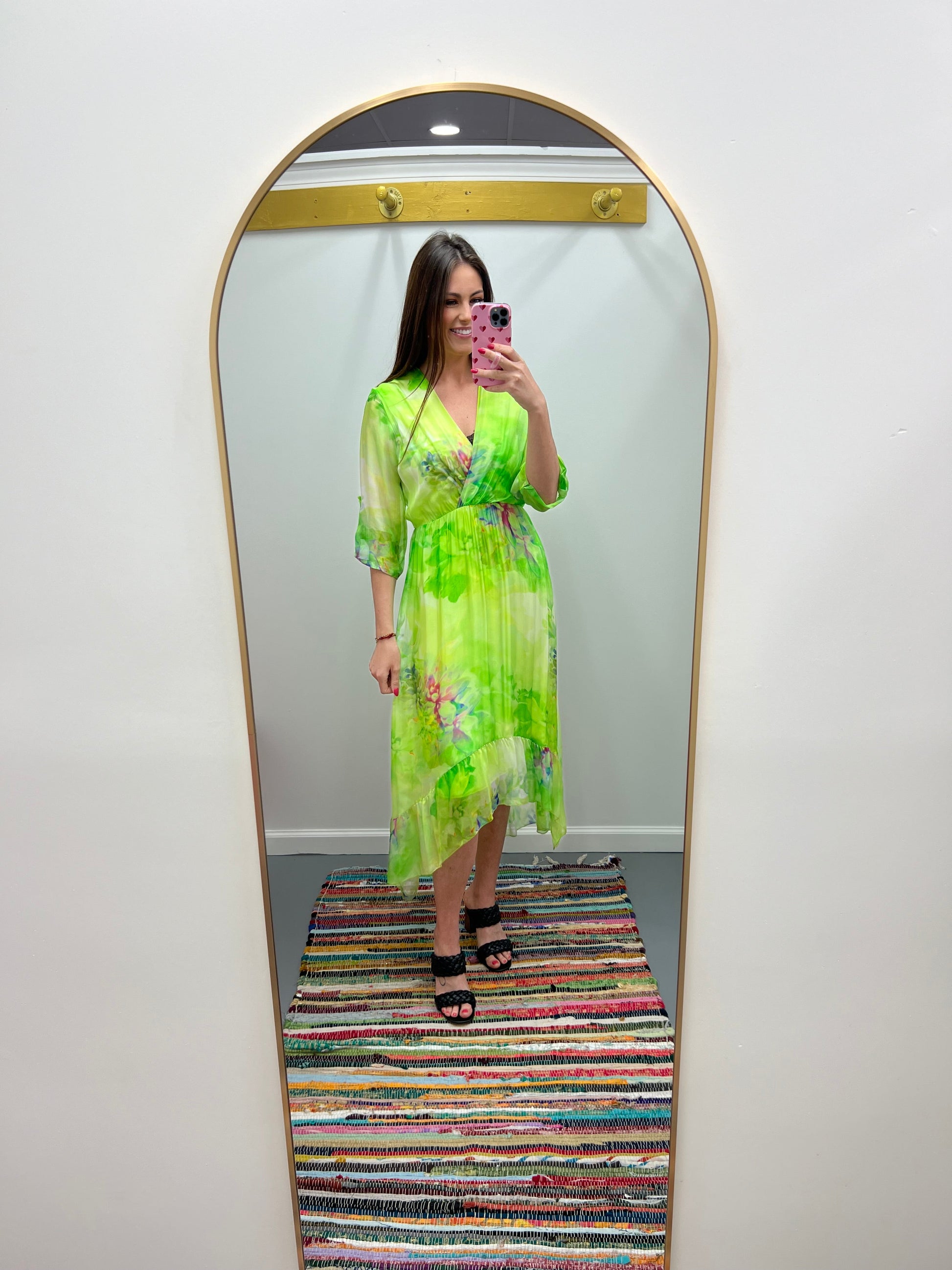 Hi Low Silk Print Dress Italy Lime Green Hi Low Silk Print Dress Italy Lime Green