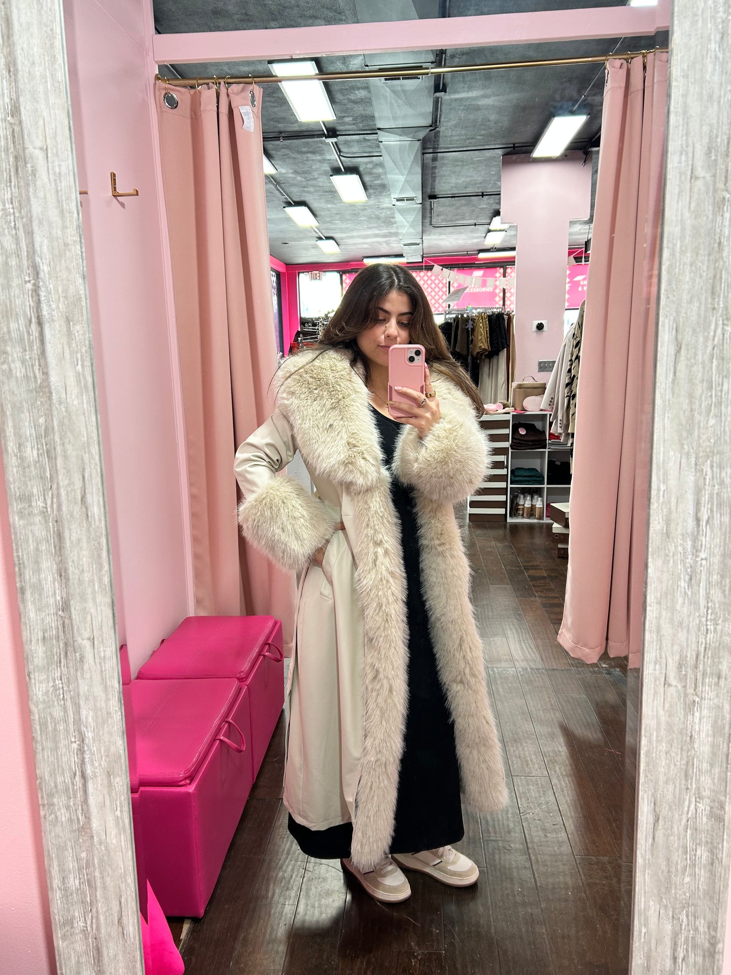 Iconic Fur Trim Maxi Coat Cream