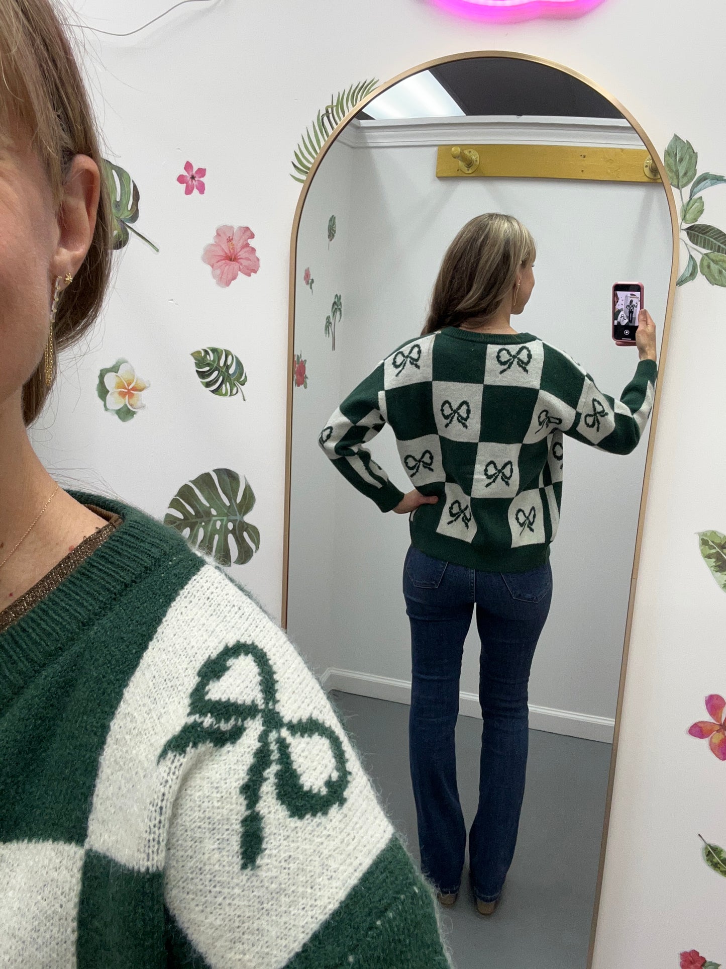 Checkered Bow Cardigan Green