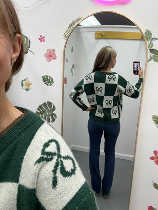 Checkered Bow Cardigan Green