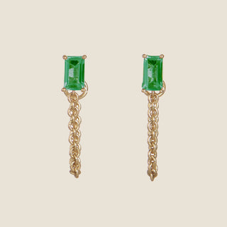 Green Baguette Chain Drop Studs
