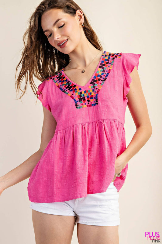 Curvy Embroidered V Neck Top Pink
