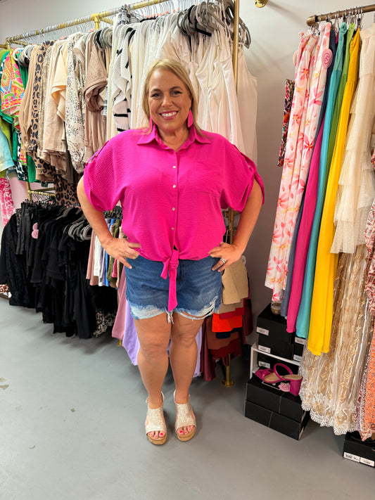 Curvy Button Up Blouse/ Fuchsia
