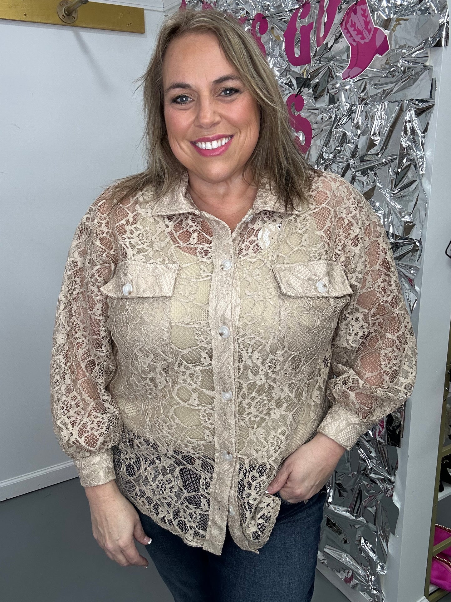 Lace Shacket Blouse Taupe