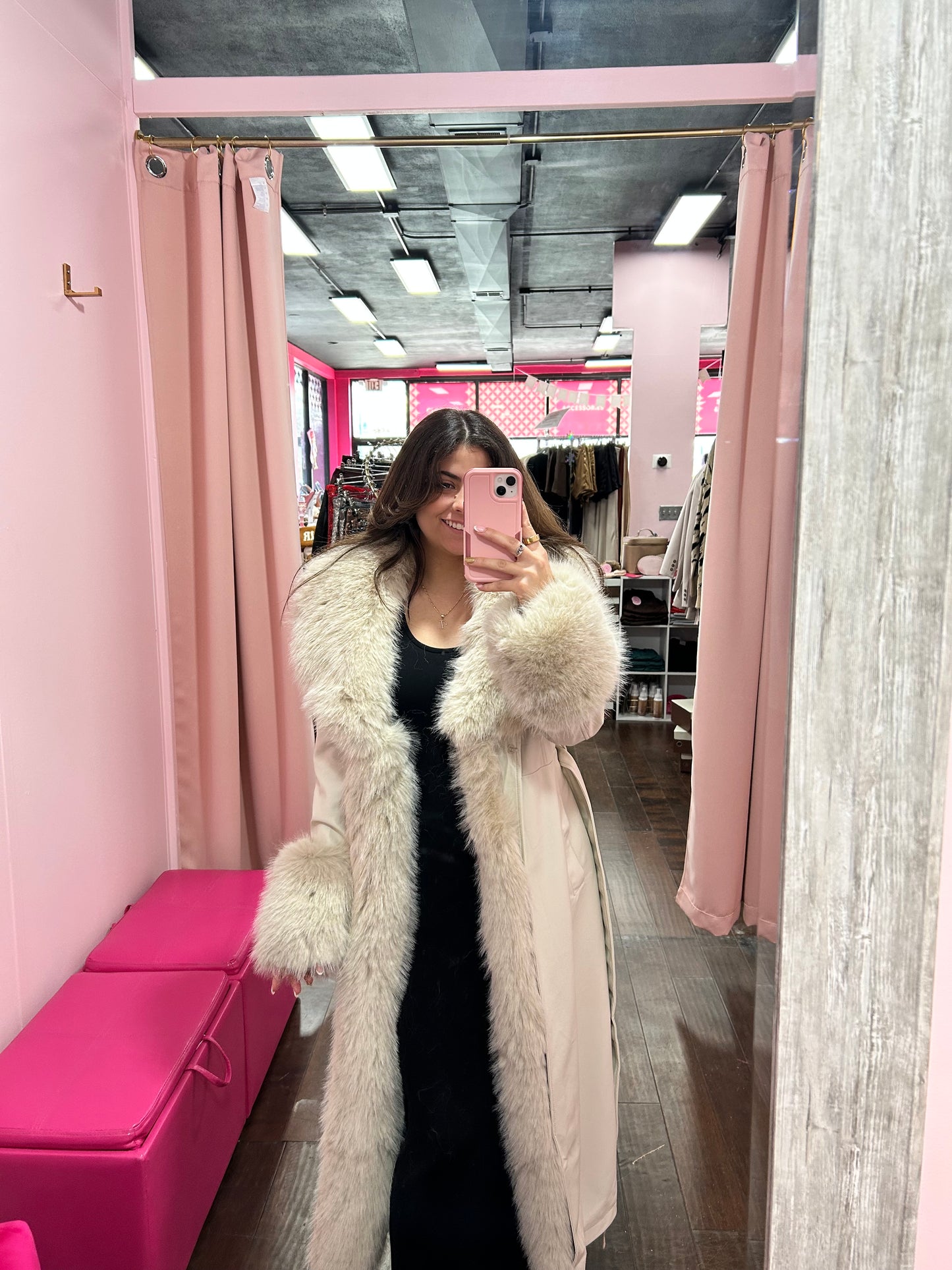 Iconic Fur Trim Maxi Coat Cream