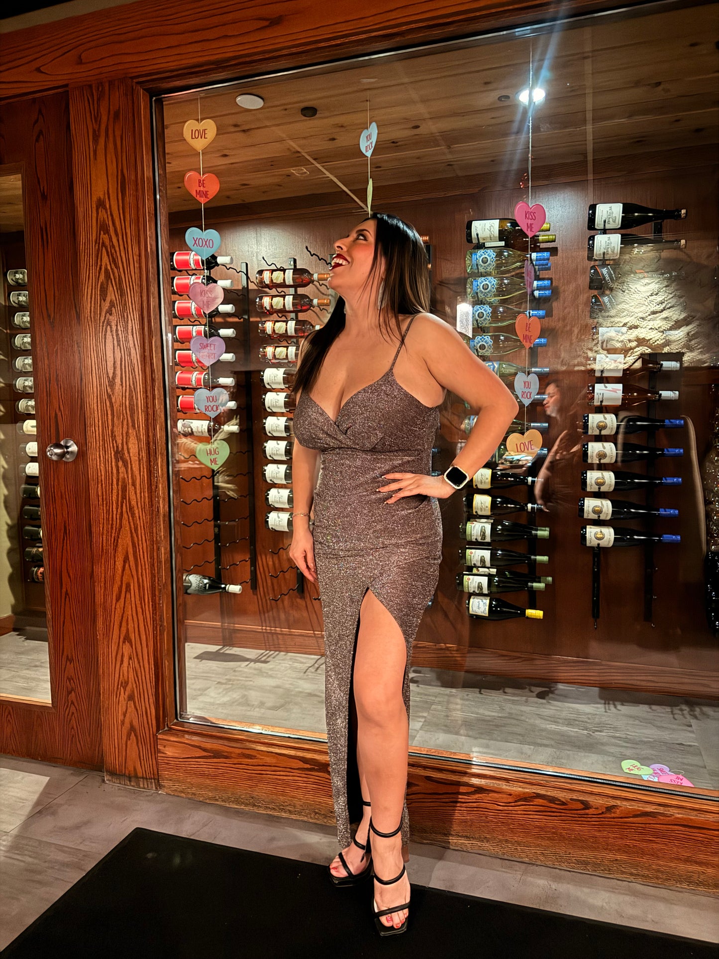 Glitter Front Slit Dress Espresso