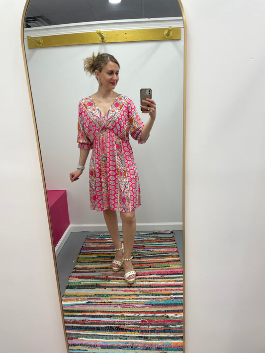 Pink Tie Back Print Dress