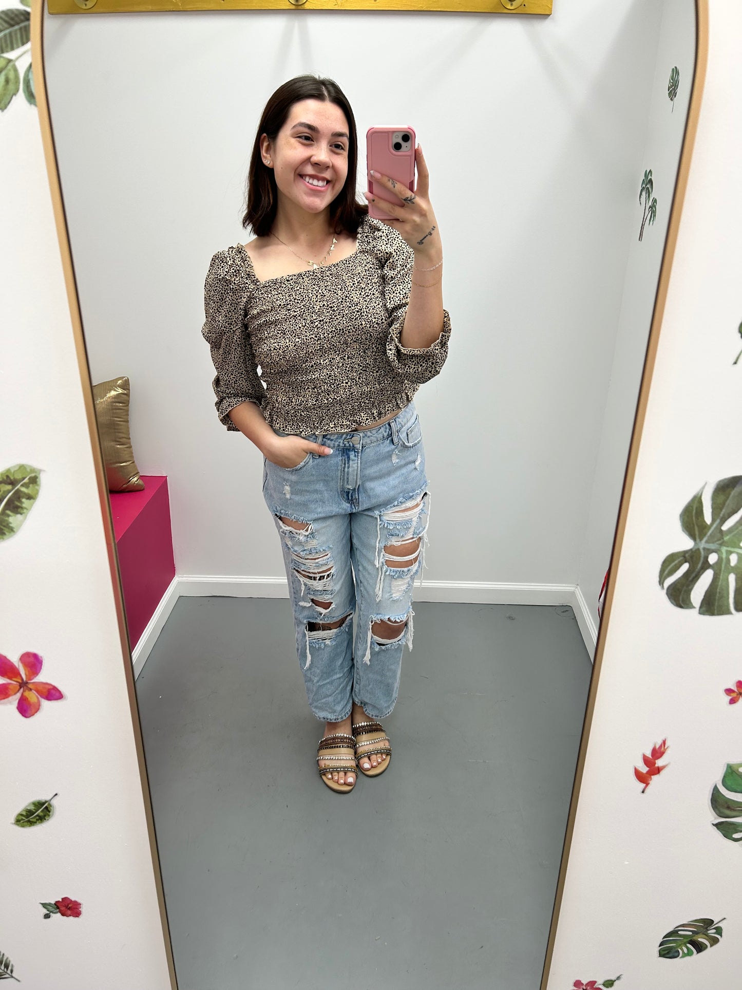 Smocked Animal Print Top