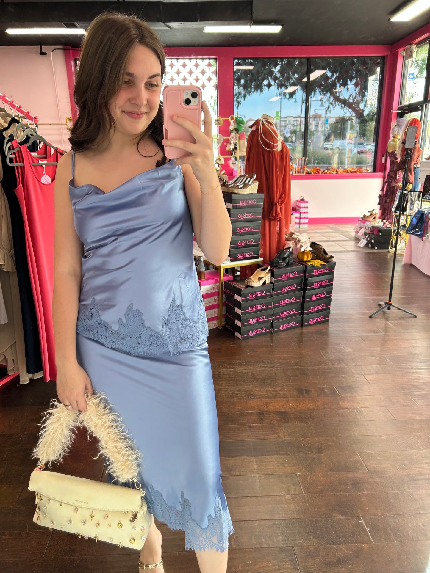 Lace & Satin Cowl Cami Dusty Blue