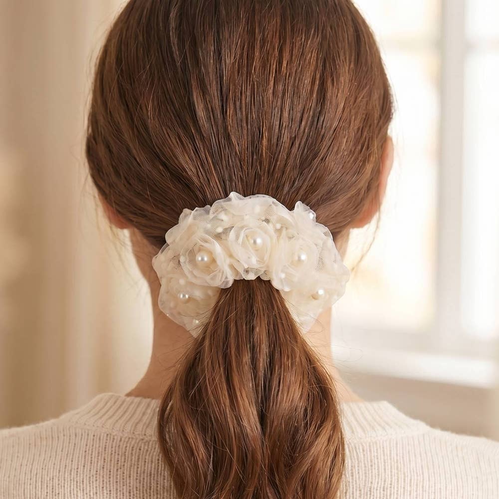 Rosette Tulle Pearl Scrunchie Set