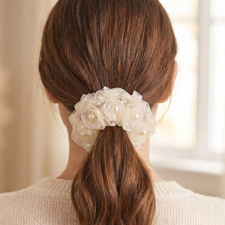 Rosette Tulle Pearl Scrunchie Set