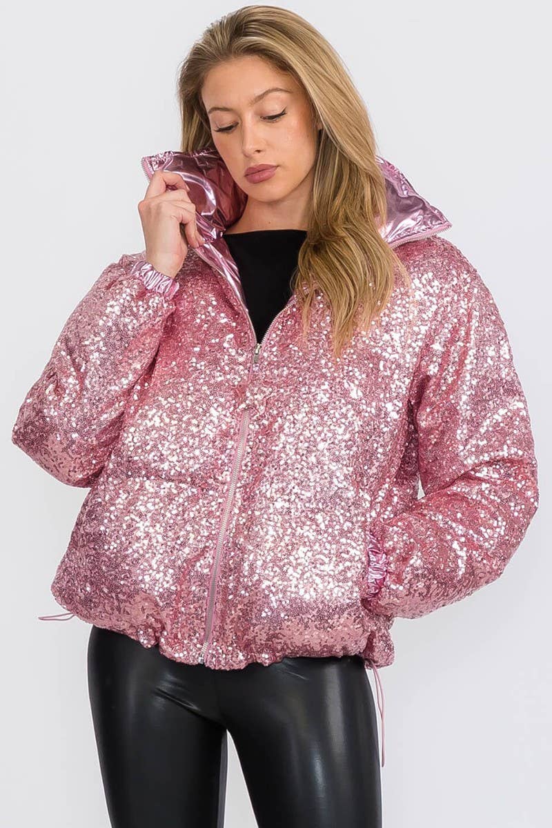 Pink Sequin Puffer Jacket