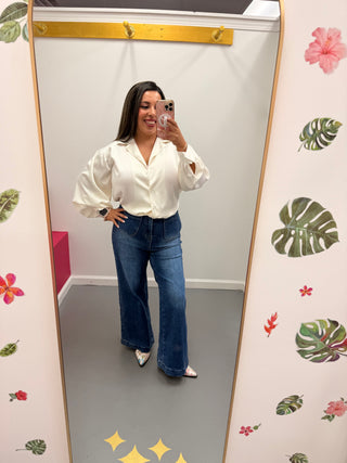 Collared Blouse Front Tie Cream
