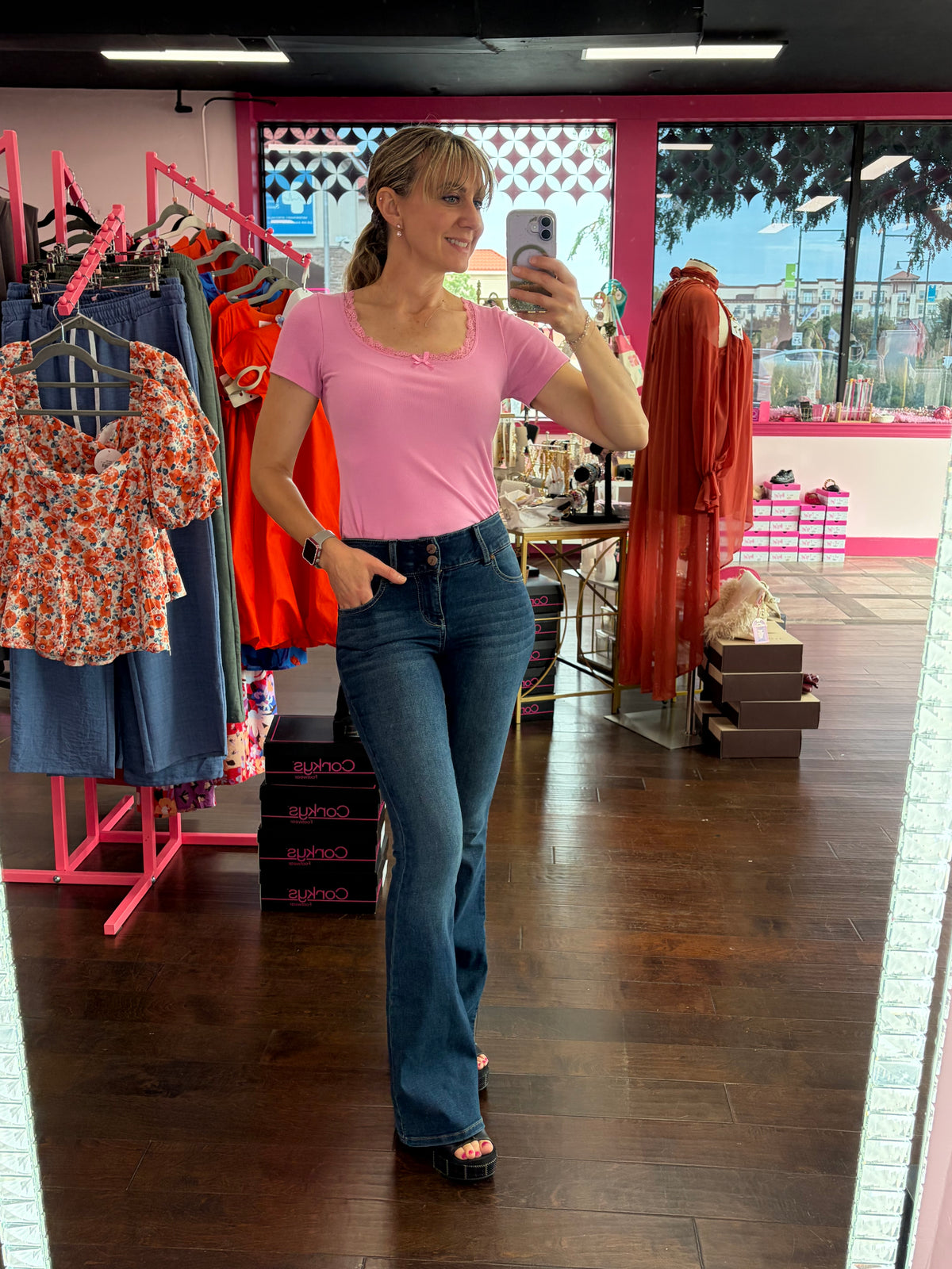 Lace Trim Ribbed Tee Sweet Pink