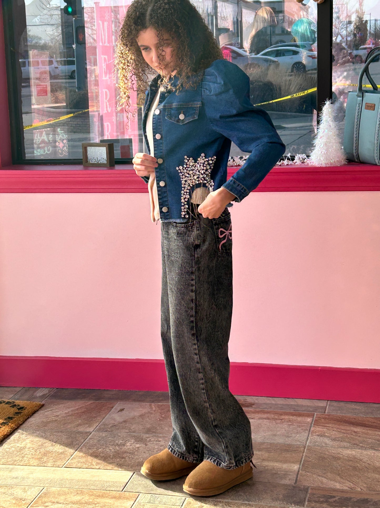 Puff Shoulder Denim Bling Jacket