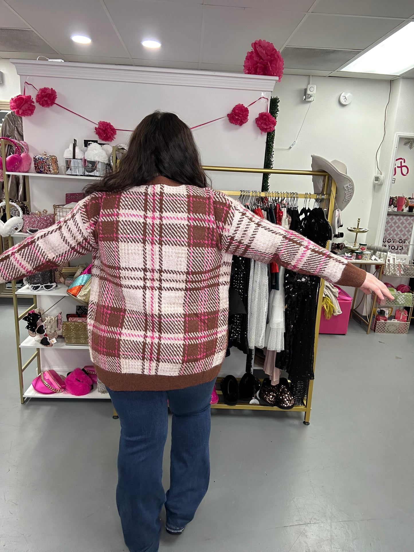 Plaid Cardigan Brown Pink