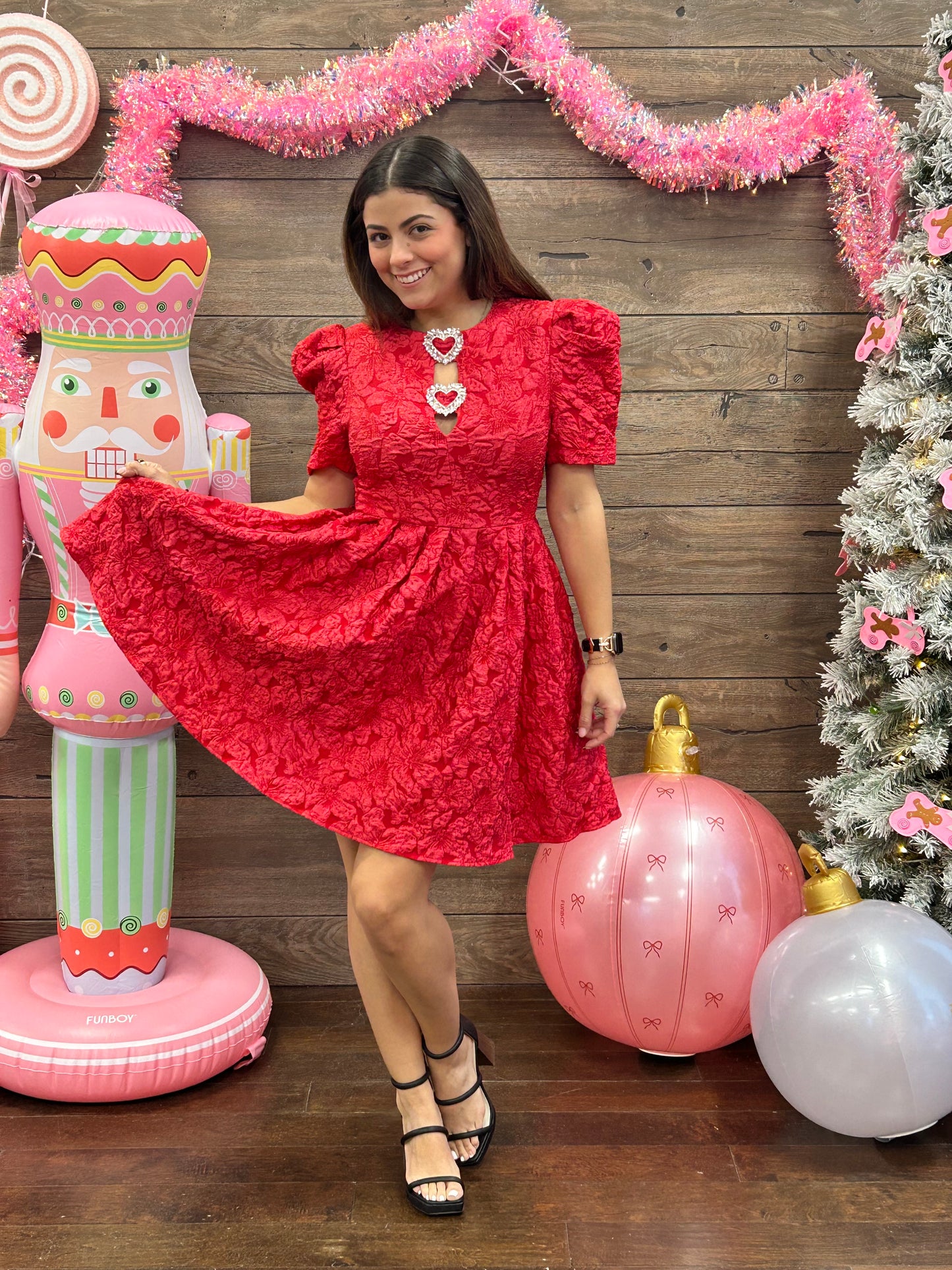 Jacquard Puff Sleeve Dress Red