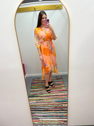Hi Low Silk Print Dress Italy Orange