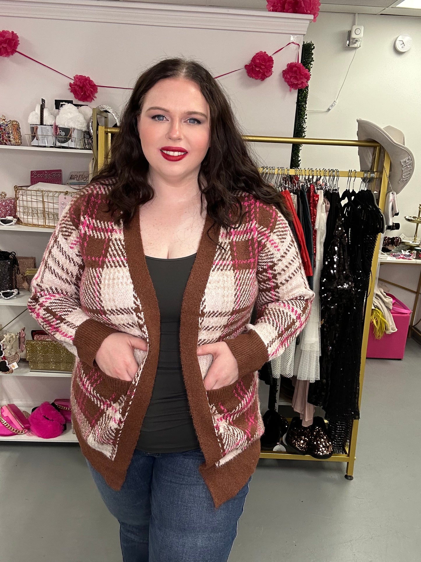 Plaid Cardigan Brown Pink