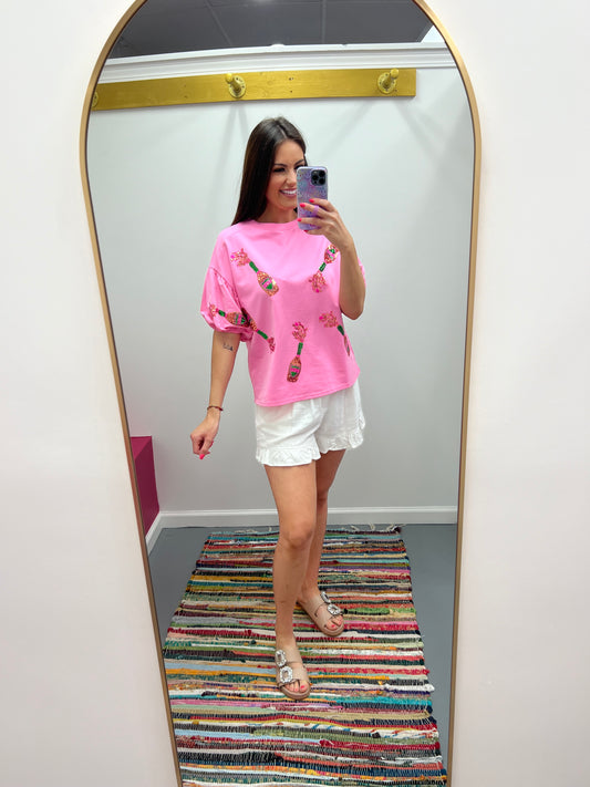 Sequin Champagne Bottle Puff Sleeve Top