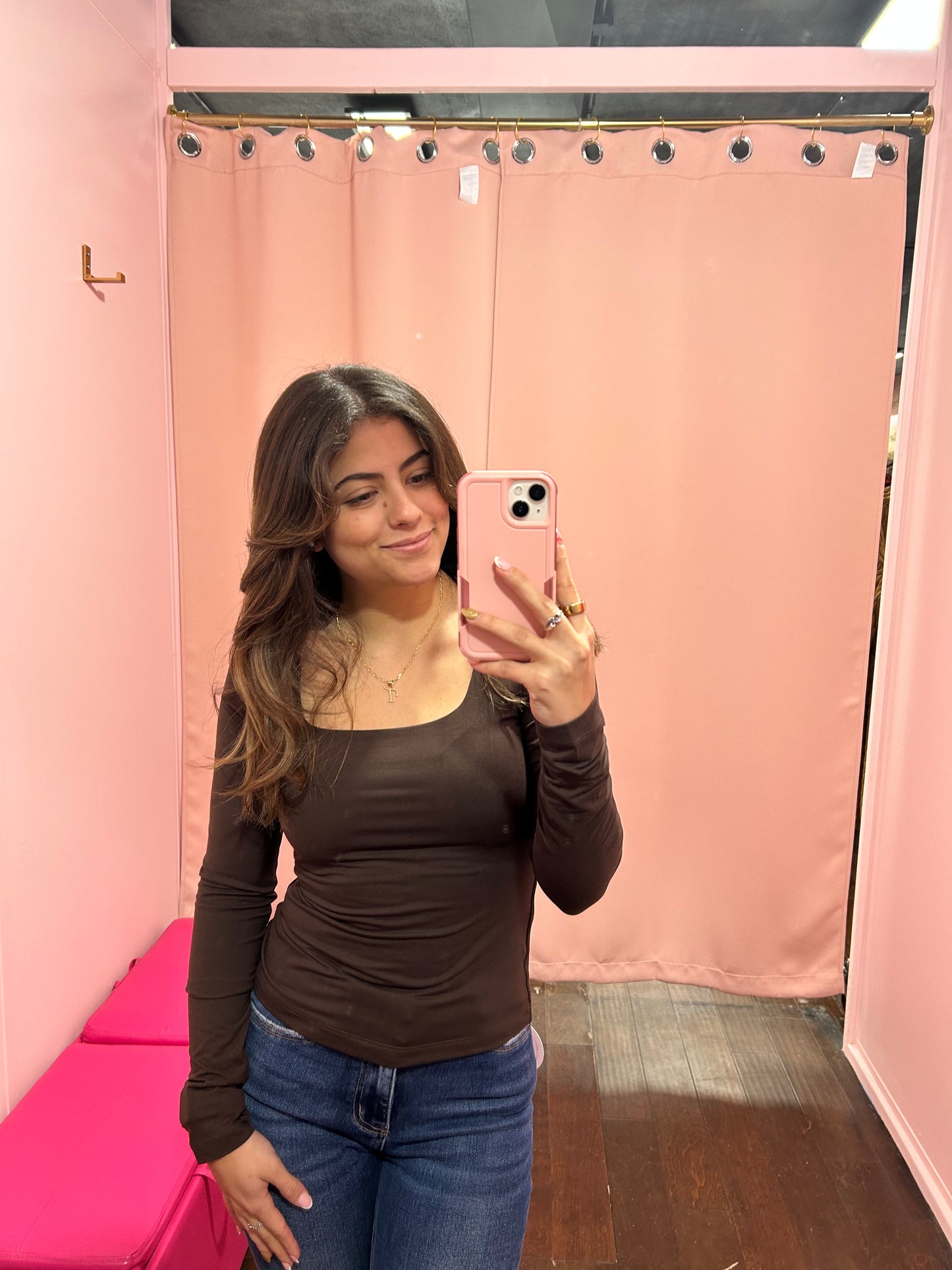 Square Neck Long Sleeve Top Espresso