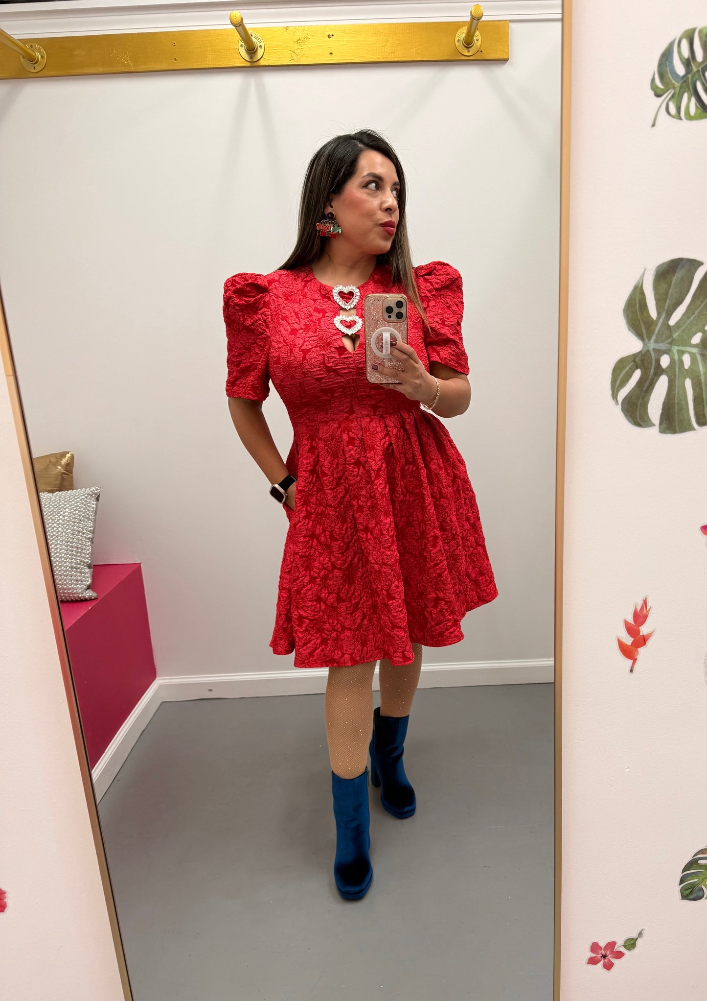 Jacquard Puff Sleeve Dress Red