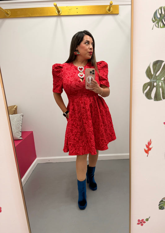 Jacquard Puff Sleeve Dress Red