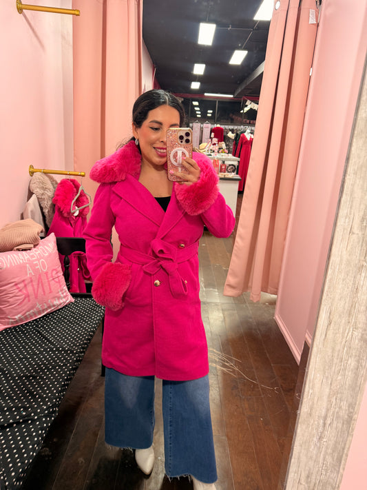 Iconic Faux Fur Belted Coat – Hot Pink