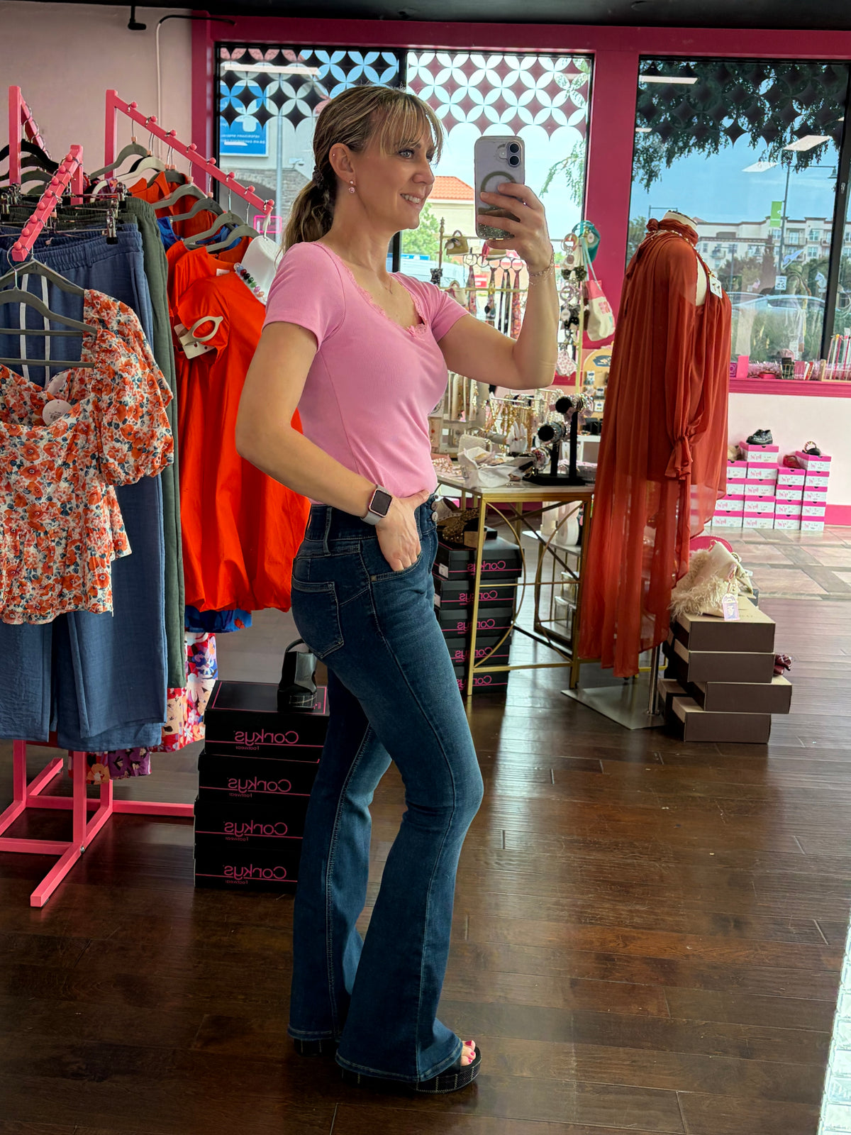 Lace Trim Ribbed Tee Sweet Pink