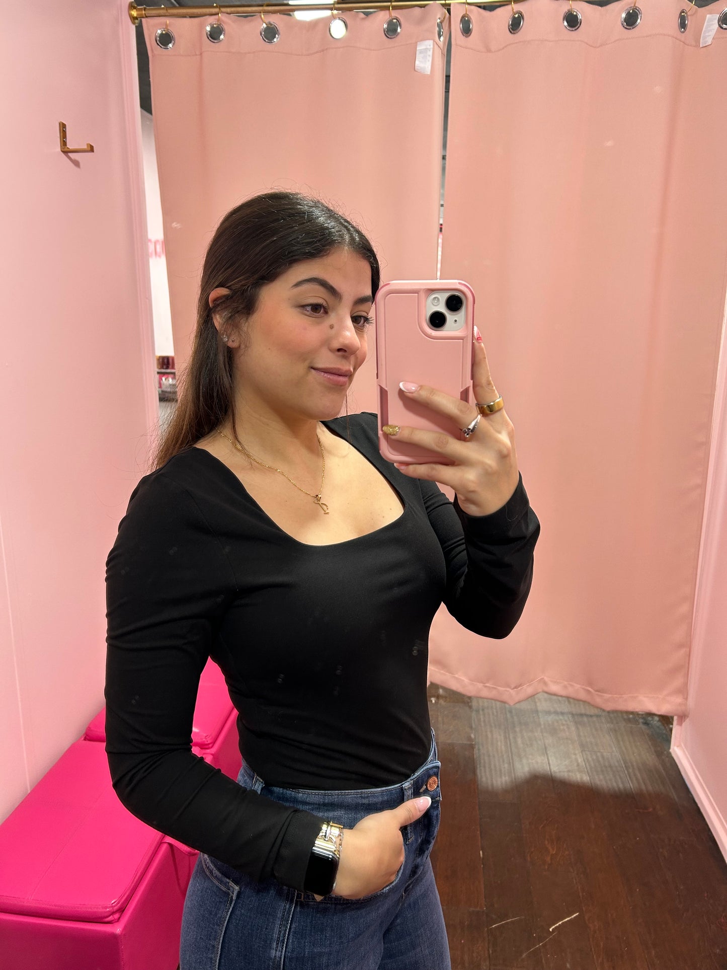 Square Neck Long Sleeve Top Black