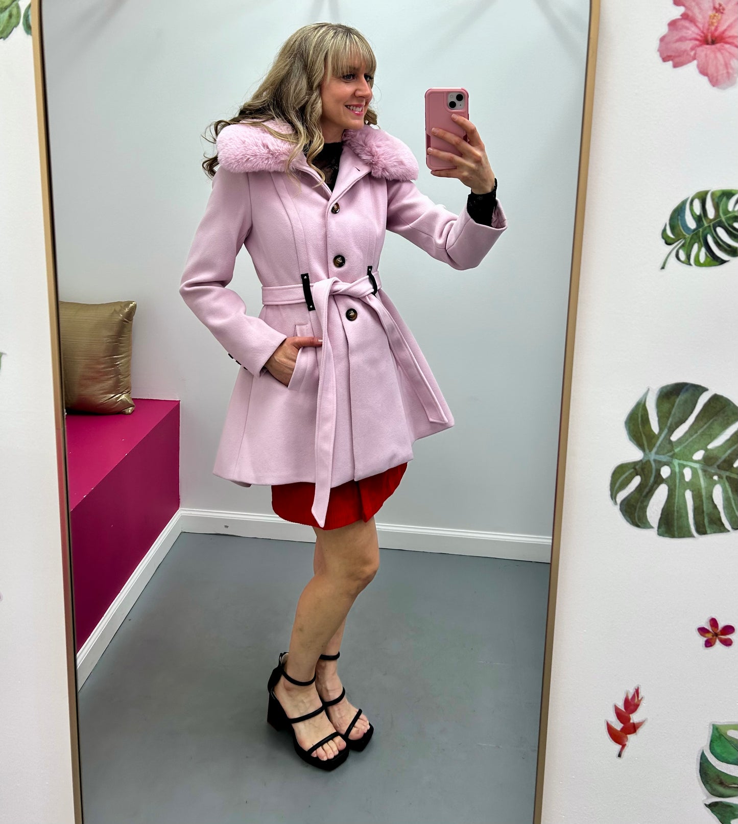 Pink Coat Removable Fur Collar