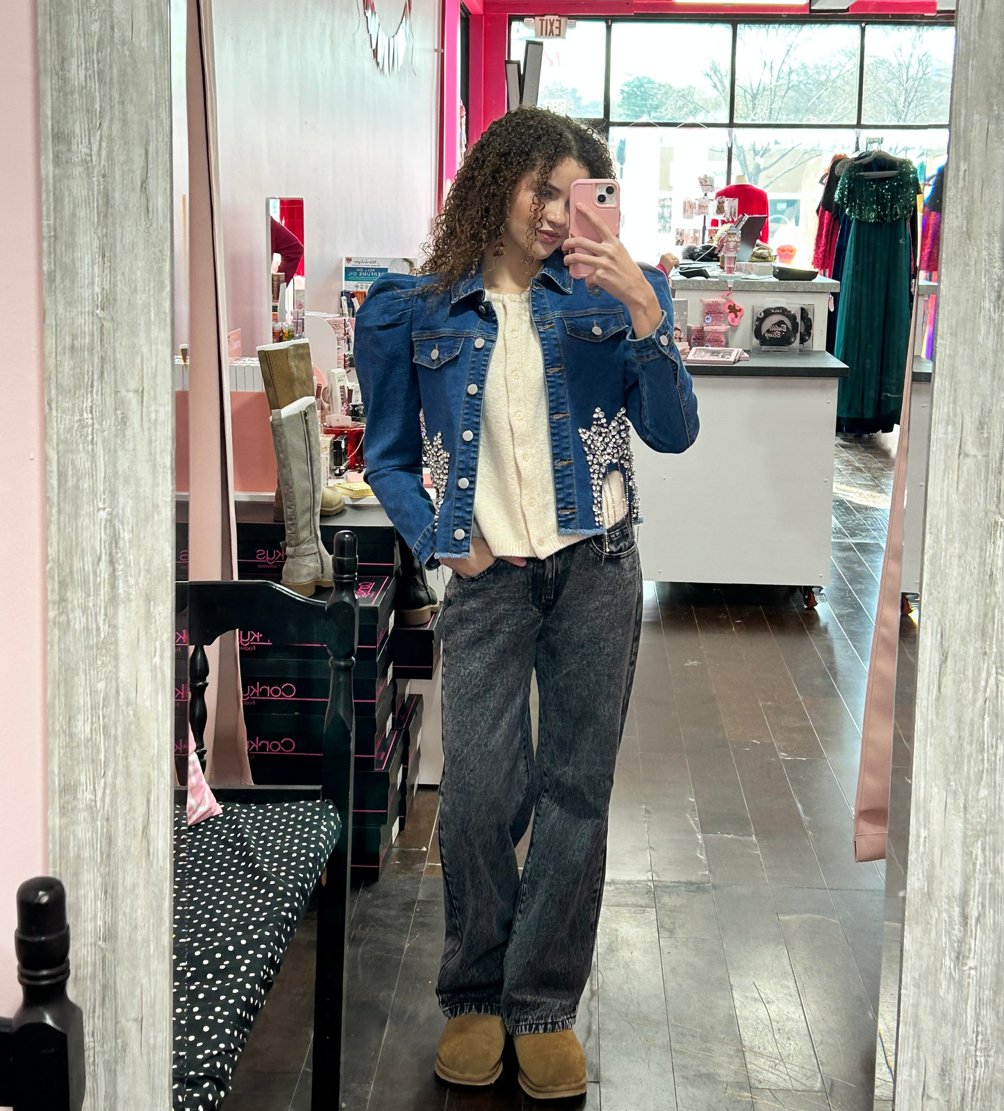 Puff Shoulder Denim Bling Jacket