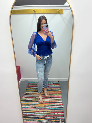 V Neck Mesh Top Royal
