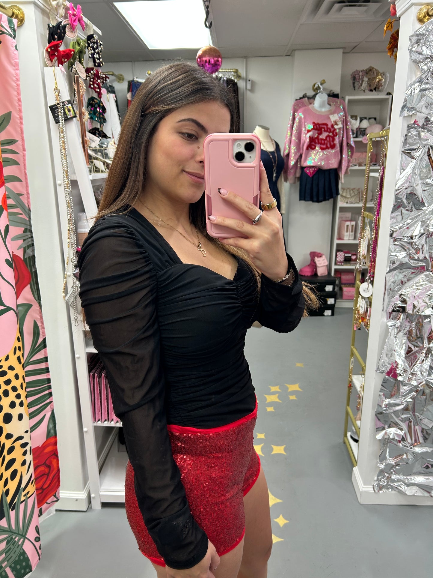 LS Heart Neck Top Black