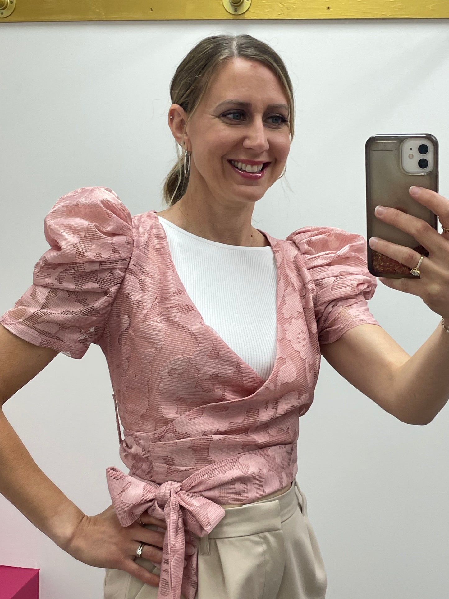 Puff Sleeve Wrap Lace Top Blush