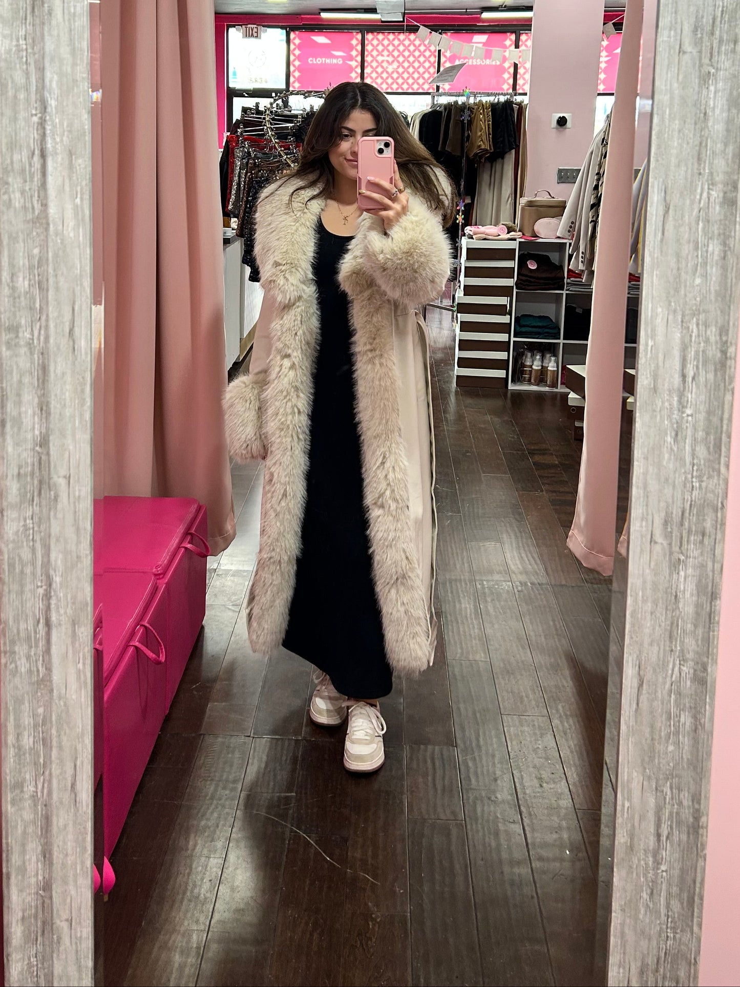 Iconic Fur Trim Maxi Coat Cream