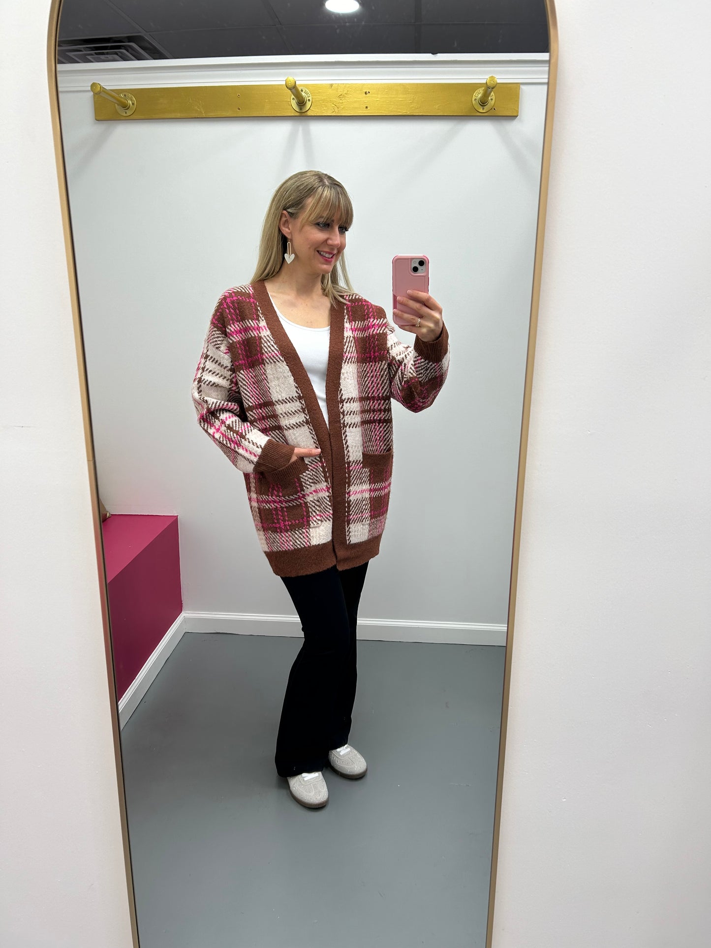 Plaid Cardigan Brown Pink