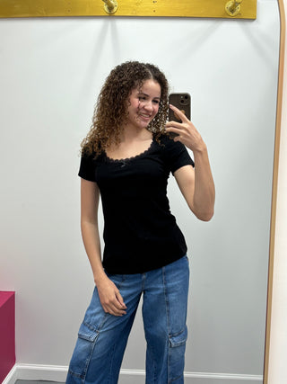 Lace Trim Ribbed Tee Black