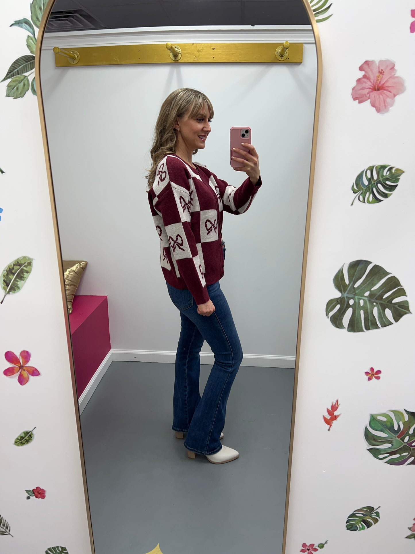 Checkered Bow Cardigan Burgundy