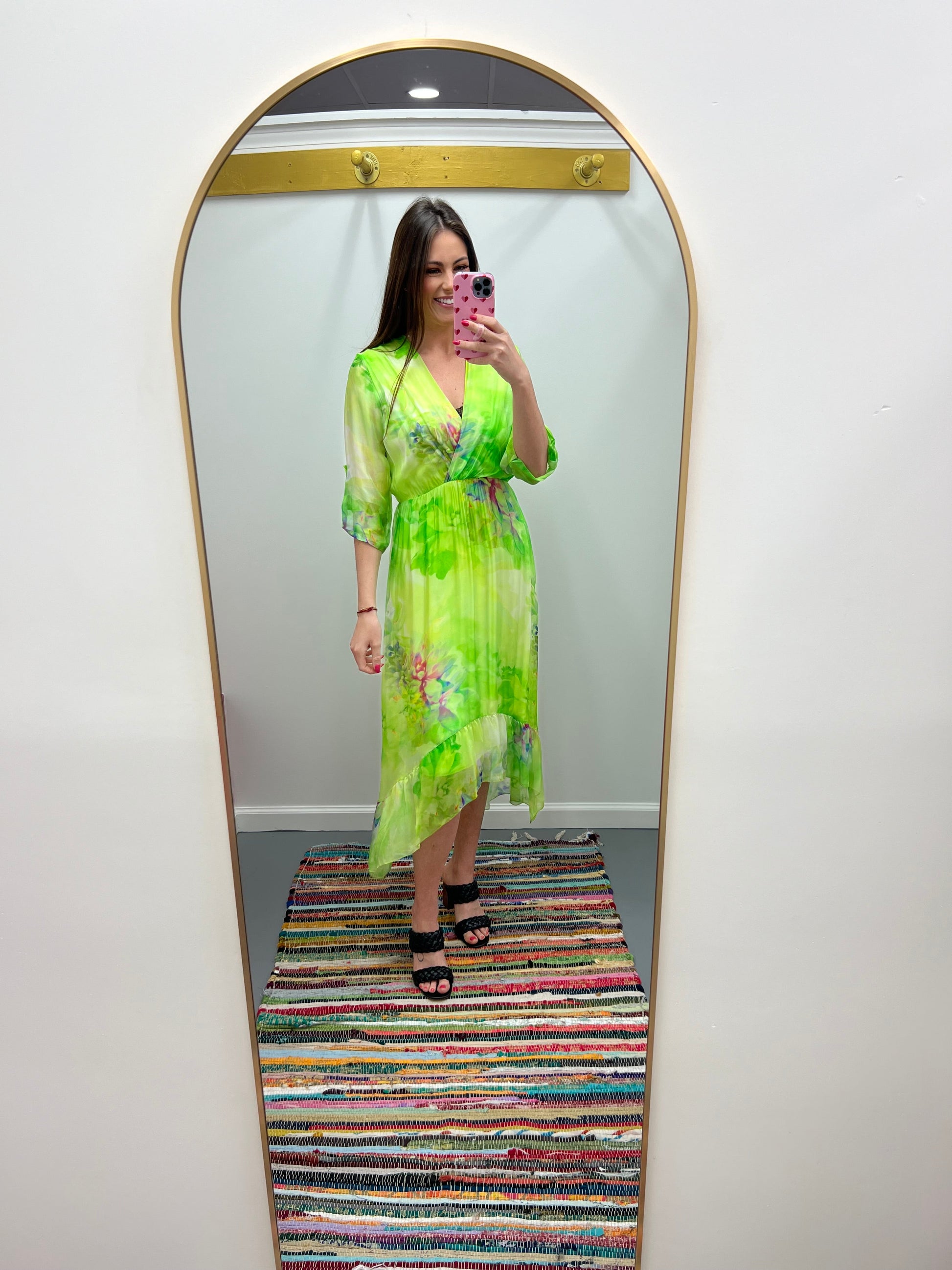 Hi Low Silk Print Dress Italy Lime Green Hi Low Silk Print Dress Italy Lime Green